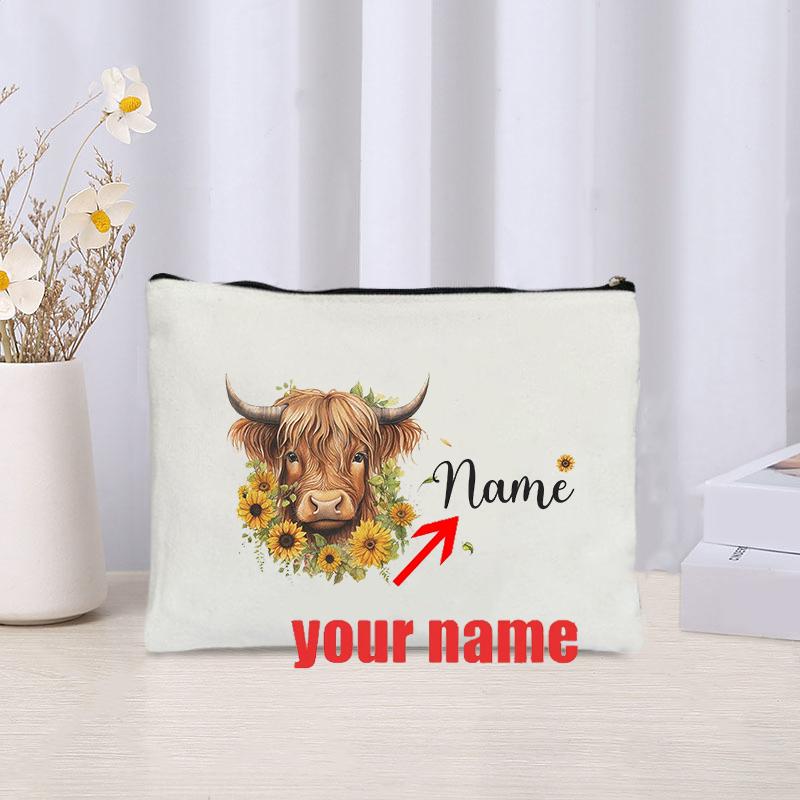 

Personalised Highland Cow Custom Name Bag Travel Storage Toiletry Bags Office Supplies Pencil Case Wallet Farm Animal Lover Gift