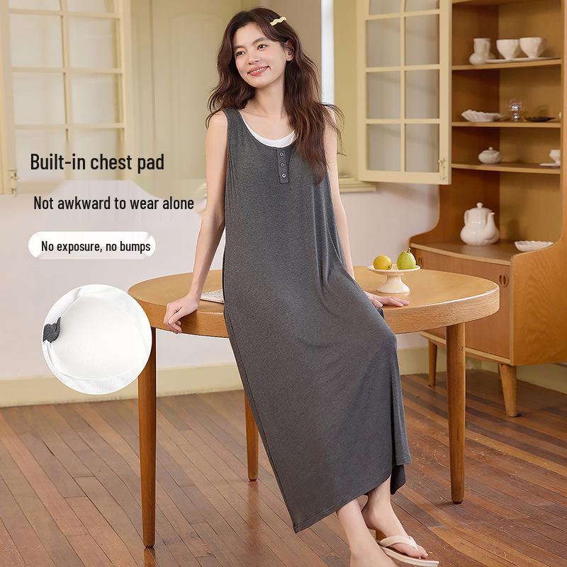 Women's Ice Silk Camisole Nightgown with Chest Pads - Cool, Simple Style Tank Top Home Dress