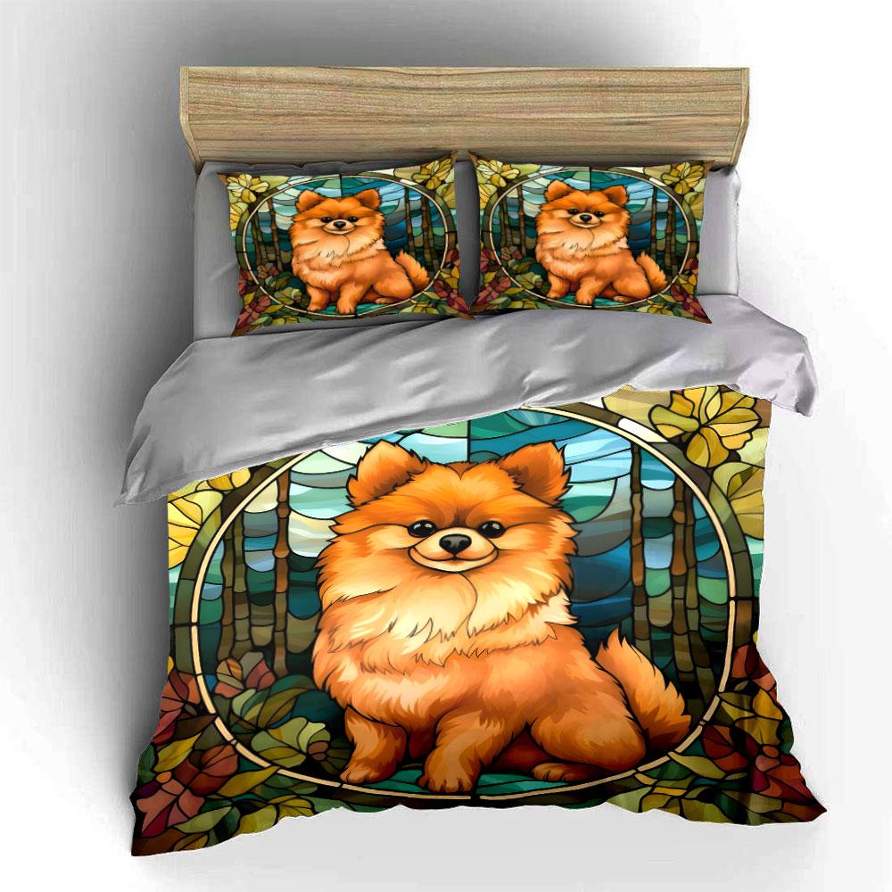 Floral Dog Art Decor Set Bedding Set With 1 Duvet Cover 2 Pillowcases Single Double King Queen, Gift