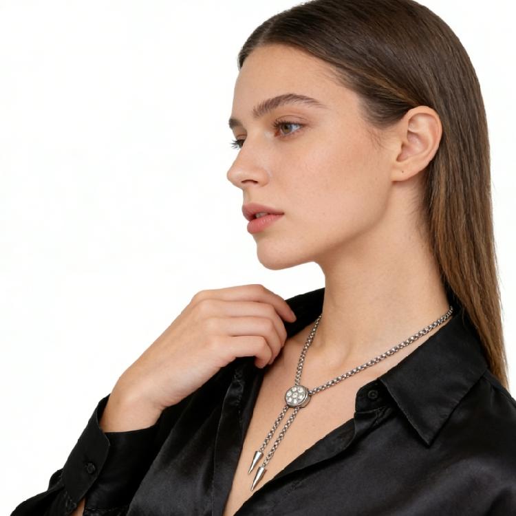 Perfect Gift Stainless Steel Bolo Necklace with Sliding Block Design and Rhinestones Design for Daily & Parties