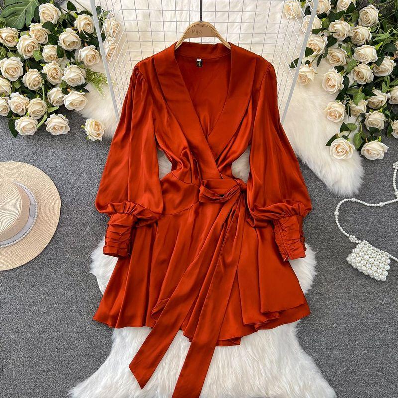 

Accessible Luxury Lantern Long Sleeve Large Swing Dress Suit Collar Orange L