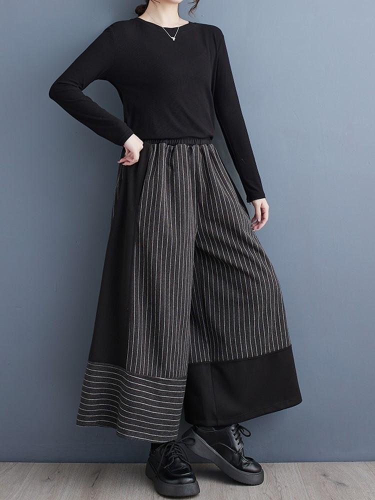 Oversized Striped Print Spring Pants Women Wide Leg Loose Pleated Ladies Trousers Elastic High Waist Fashion Casual Woman Pants