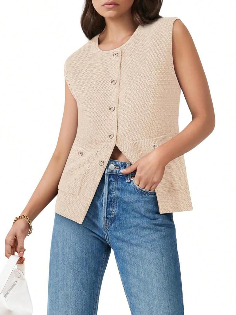Women's Sleeveless Button Down Sweater Vest Round Neck Knit Cardigan Tank Top