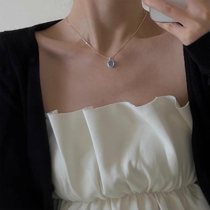 Elegant Blue Oval Zirconia Necklace - Women's Chic Clavicle Chain In INS Style