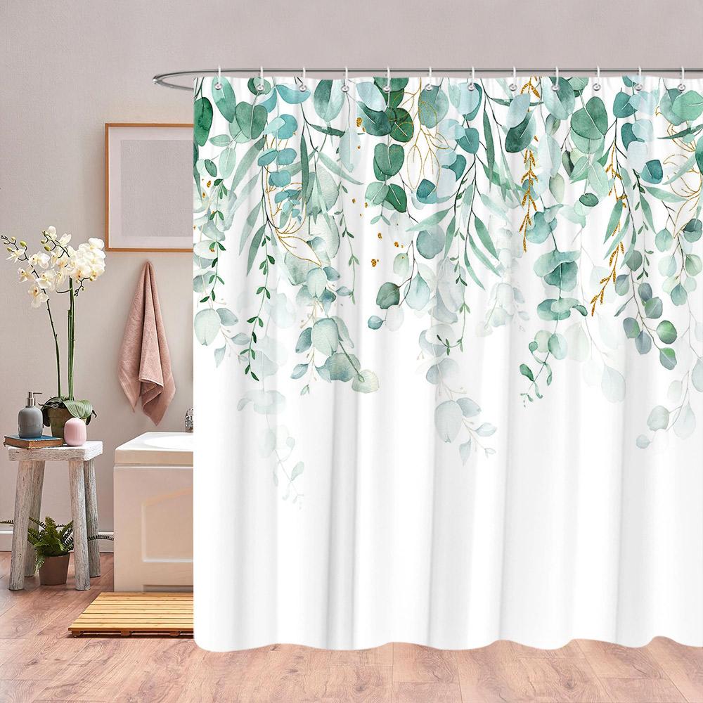 Autumn Eucalyptus Leaves Watercolour Shower Curtain Sagging Yellow Leaves Thanksgiving Gift Fabric Shower Curtain Bathroom Decor