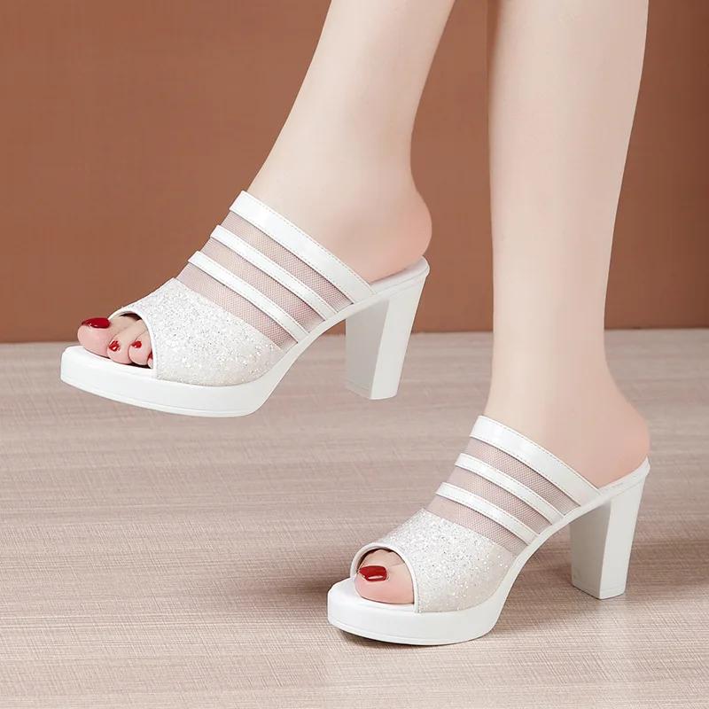 8cm Small Size 32-43 Elegant Fashion Mesh Rhinestone Leather Slippers Platform Shoes 2025 Block High Heels Slides Office Model