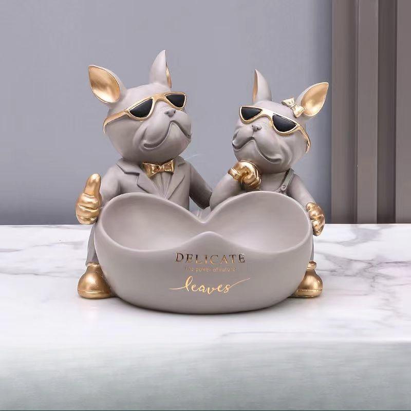 

Статуэтка парного бульдога с миской, ящиком для хранения ключей, статуэтка французского бульдога из смолы, украшение для дома, настольная скульптура коричневый