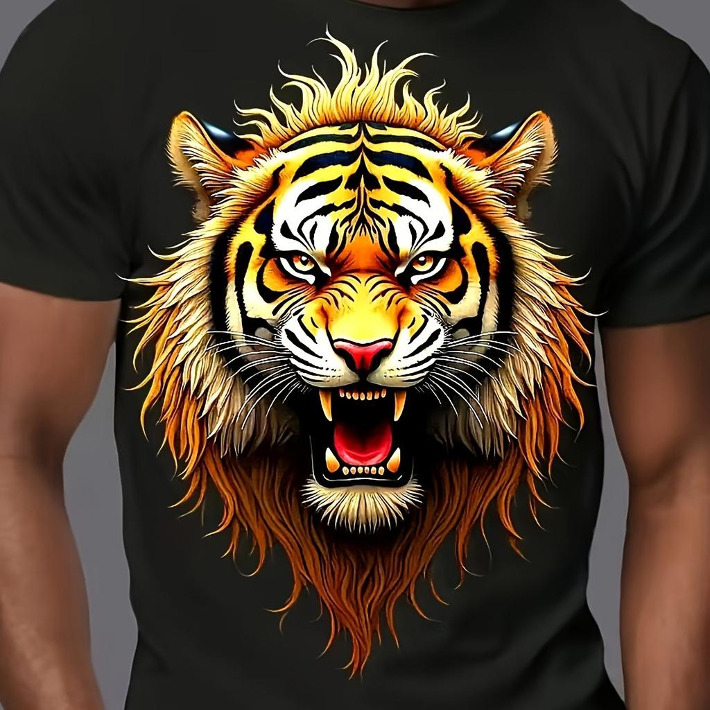 Men's 3D Embossed Lion Head Print T-Shirt Metallic Texture Wild Animal Luxury Crew Neck Top