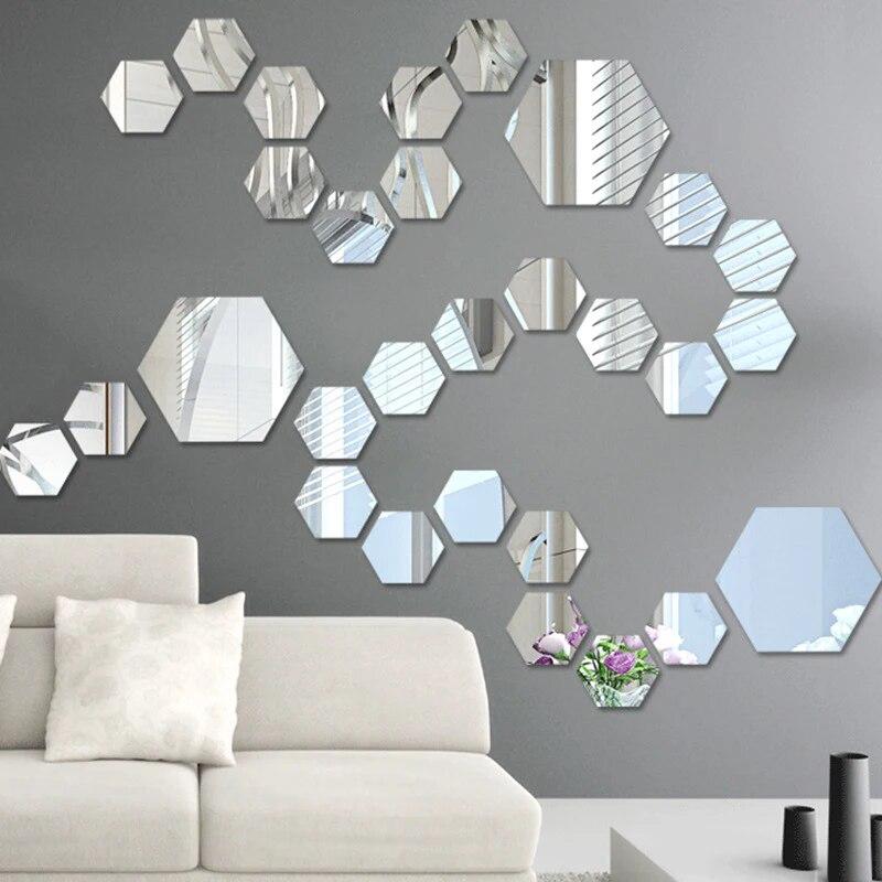 12pcs Mirror Wall Stickers Living Room TV Backdrop Decorative Stickers Hexagonal Mirror Wall Stickers Decorative Mirror