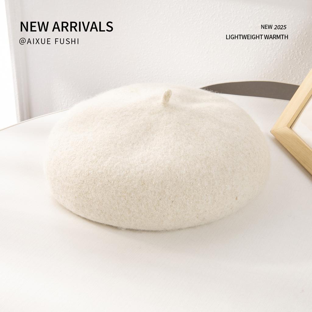 New Autumn And Winter Bright Silk Beret Trendy Women'S Wool Mushroom Hat High-End Korean Fashion Painter Hat