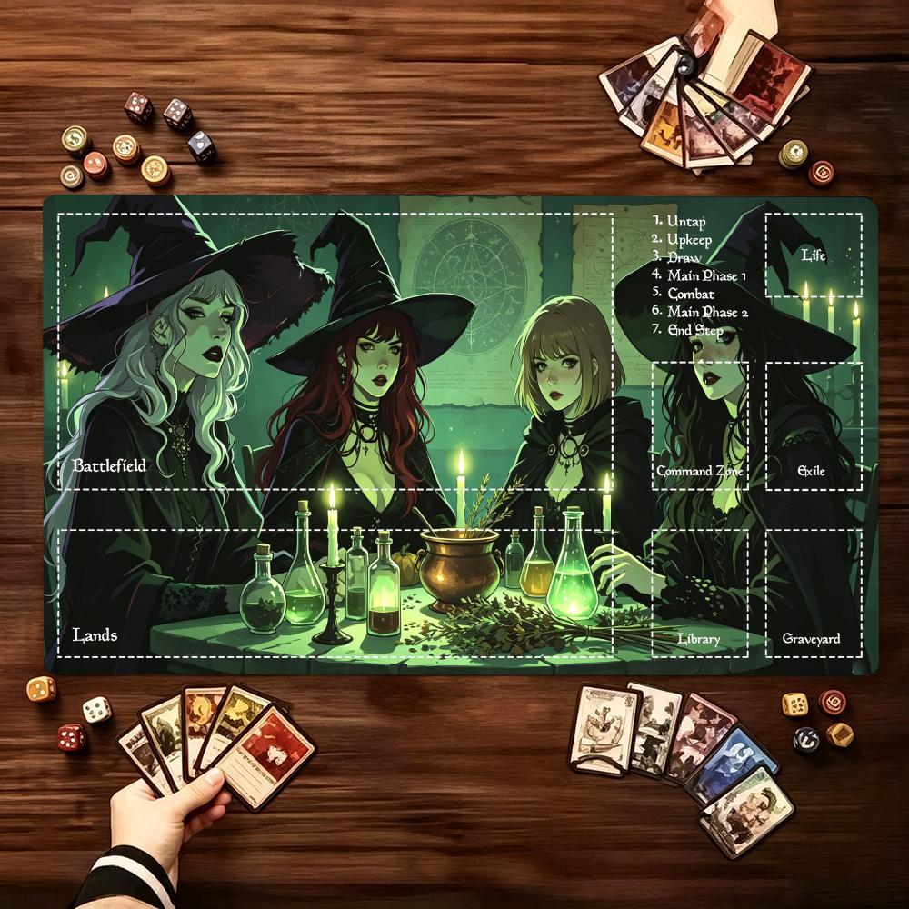 Halloween Witch Coven Pattern Game Playmat Non Slip Rubber Smooth Extended Table Mat For Trading Card Game Board Game Fans