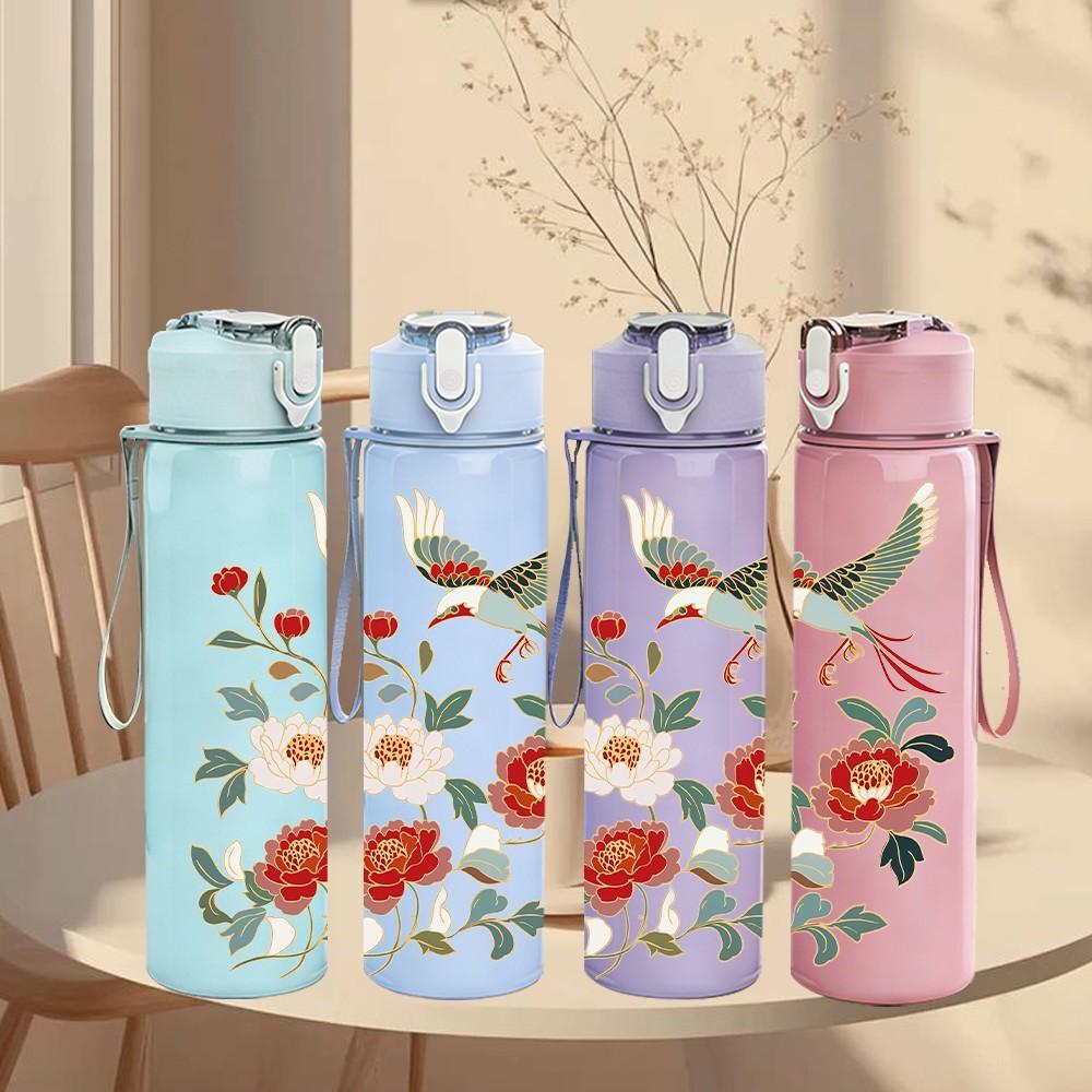 1PC Red Floral Watercolor Vintage Pattern 750ml Color Plastic Sports Water Bottle Leakproof Flip Straw Lid Suitable for Sports Office Home Use