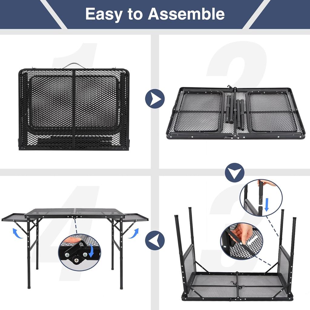 Sammenleggbart utendørs grillbord med 2 sidebord, lett og bærbart utendørs grillbord i aluminium i metall med