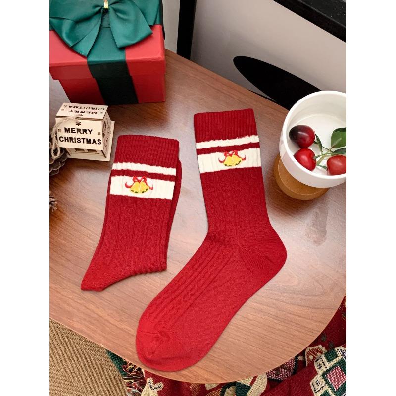 Female Autumn and Winter New Year Festival Sweet Cotton Dark Grain Cloth Mark Good Luck In Red Tube Socks