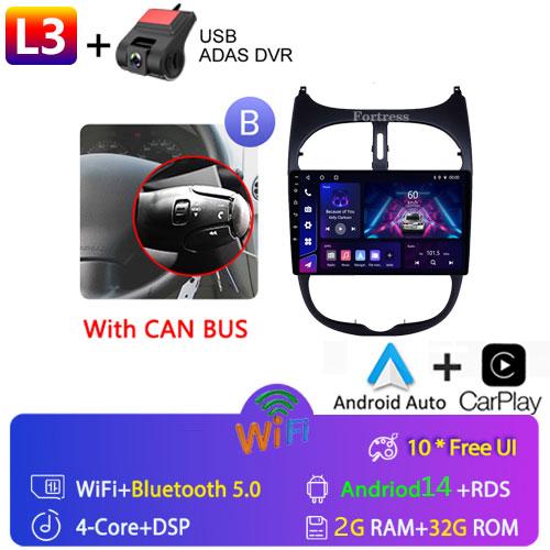2DIN Android 13 Radio For Peugeot 206 206CC 206SW 2001 2002 2003-2008 Car Stereo Multimedia Player Carplay Auto GPS Navigation