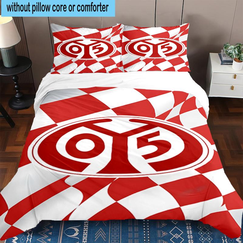 3PCS Red White Mainz Pattern Bedding Set,Including 1pc Duvet Cover And 2pcs Pillowcases Perfect for Bedroom, Dormitory, Fan Christmas Gift
