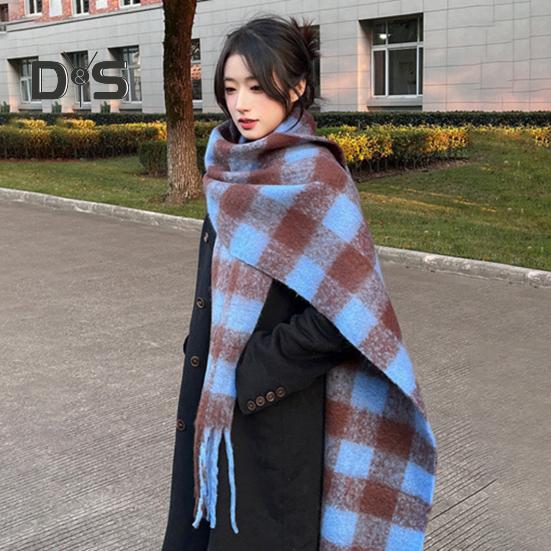Women Scarf Plaid Print Thickened Warm Long Shawl with Tassel Trim Versatile Winter Blanket Wrap Daily Wear