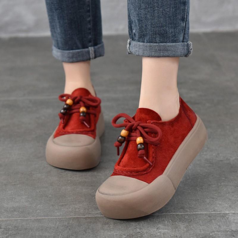 Johnature Genuine Leather Thick Sole Women's Shoes Round Toe Lace-up Versatile Casual Flat Platform Shoes