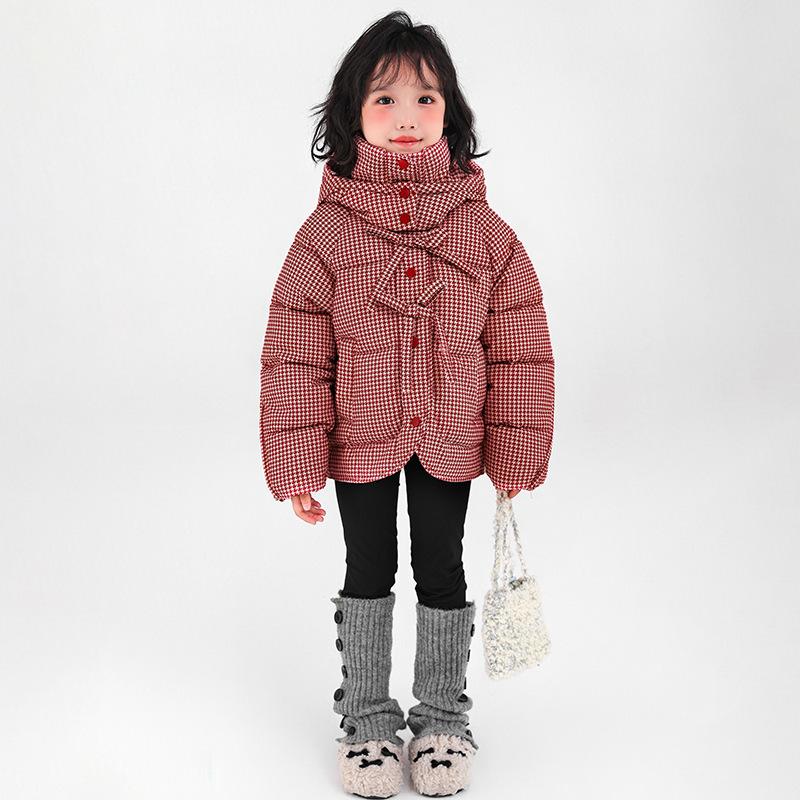Checkered Retro Down Jacket Girls Fashionable Casual Cotton Coat Little Girl