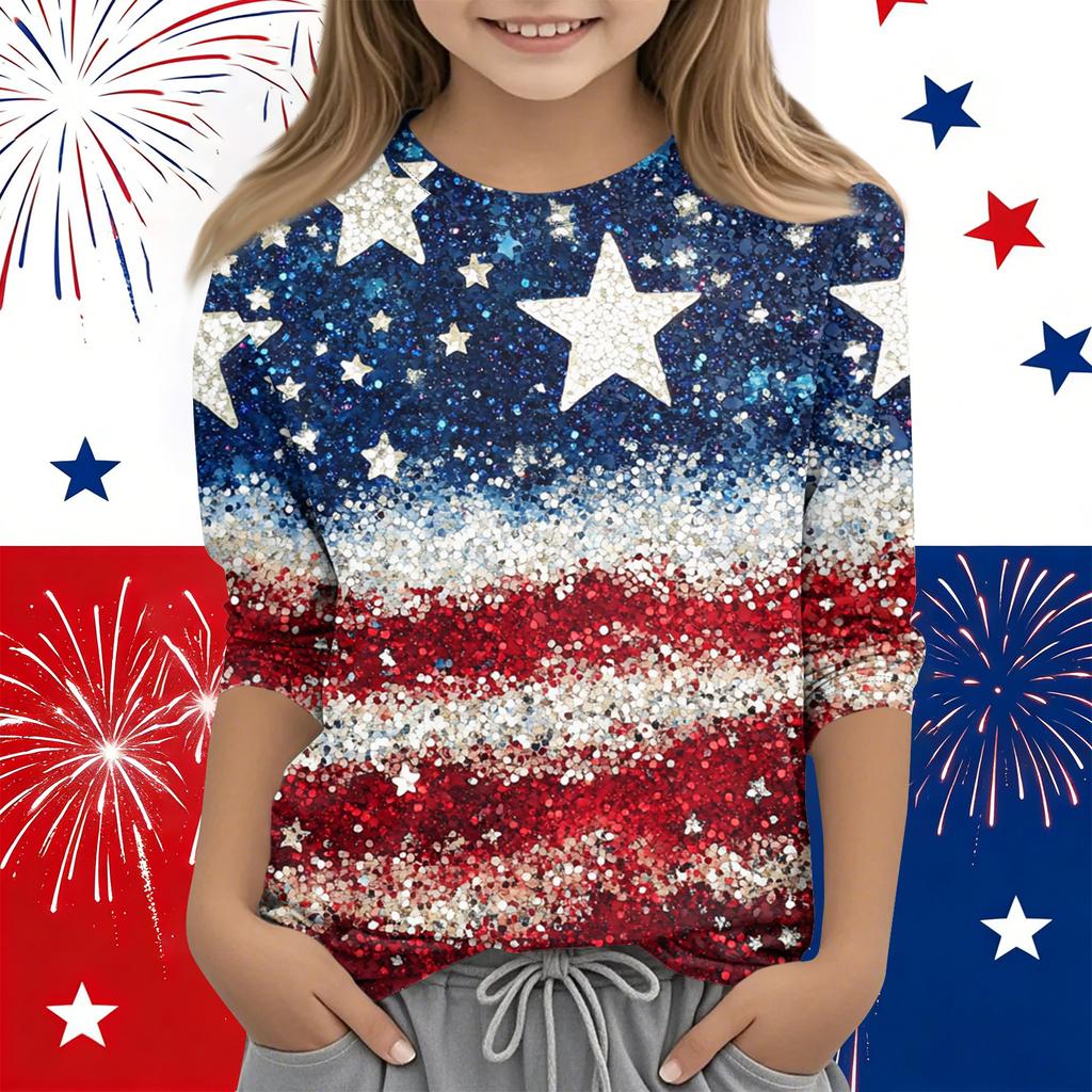 Print Tops For Youth Girls Round Neck 3/4 Sleeves T-Shirts Trendy Tops Outfit Tees Independence Day