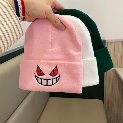 Cartoon Funny Woolen Hat for Women In Autumn and Winter Little Devil Baotou Knitted Hat Student Personalized Warm Embroidered Pullover Hat