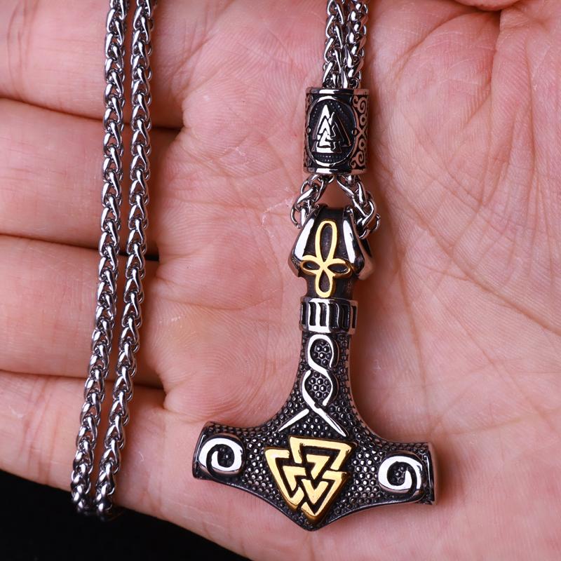 Flerfärgad pärlhalsband med vikingahammare och Thors hammare, rostfritt stål, herrhalsband, Mjolner amulett, smycken