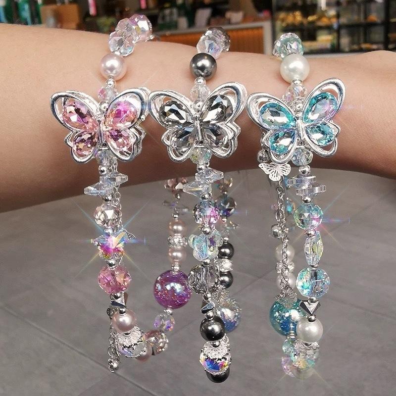 Schmetterling Kristall Perlen Handykette 1 Stück Mehrfarbig Runde Perlen Armband für Handgelenk Dekoration Geschenk
