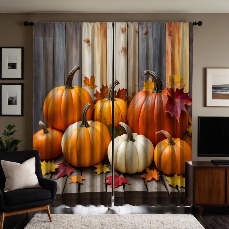 

2 куска HD дерева на тыкве кленовый лист занавеска желтый галстук цифровая печать занавеска украшение дома стиль украшение гостиная W52H63inchW132H160cm