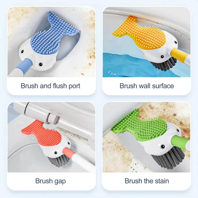 Cepillo de Inodoro de Silicona de Ballena con Chorro, Limpieza de 360 Grados, Montado en la Pared con Agujero para Colgar Herramienta de Baño