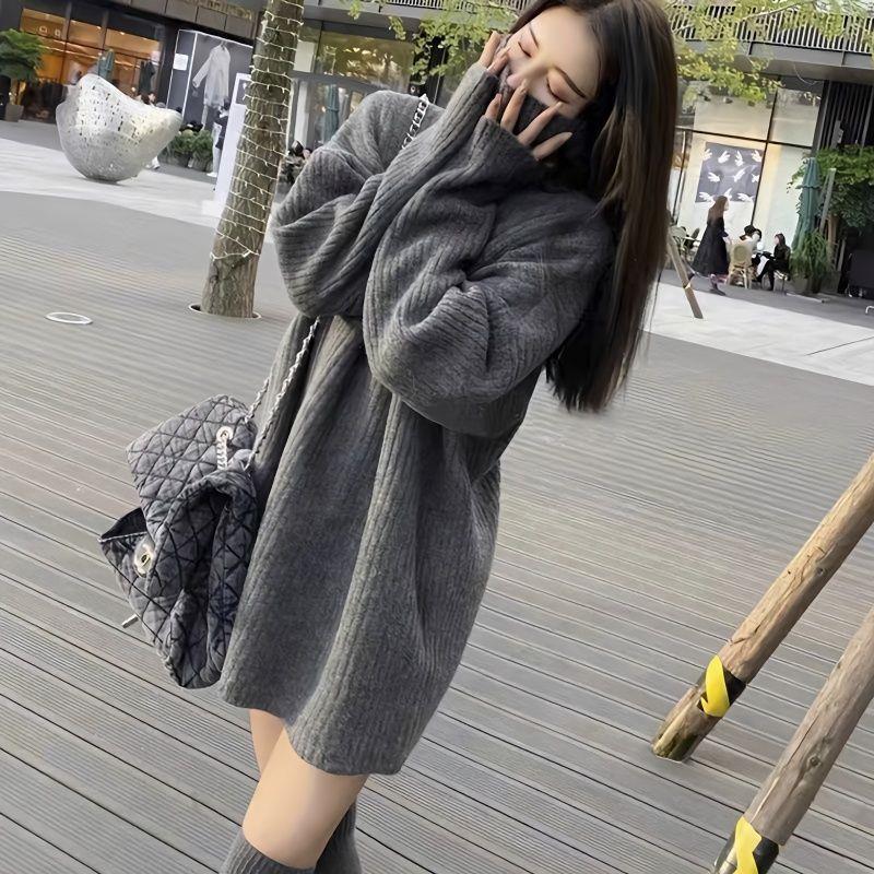 2025 Women's High Neck Knit Sweater - Mid-Length, Hip-Covering, Loose Fit, Autumn/Winter Thickened Base