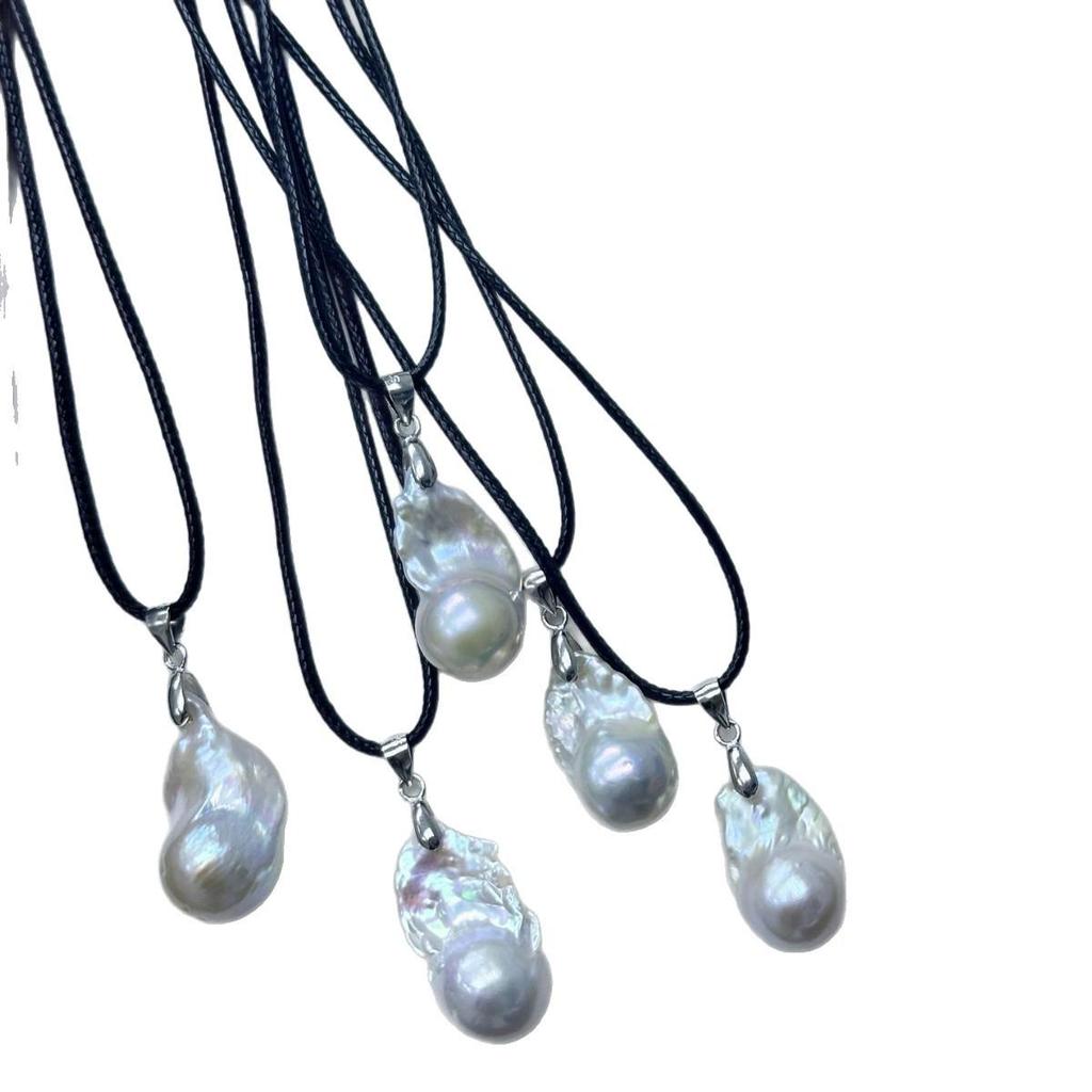 Adjustable Leather Cord Necklace with Freshwater Pearl & Baroque Fishtail Pendant