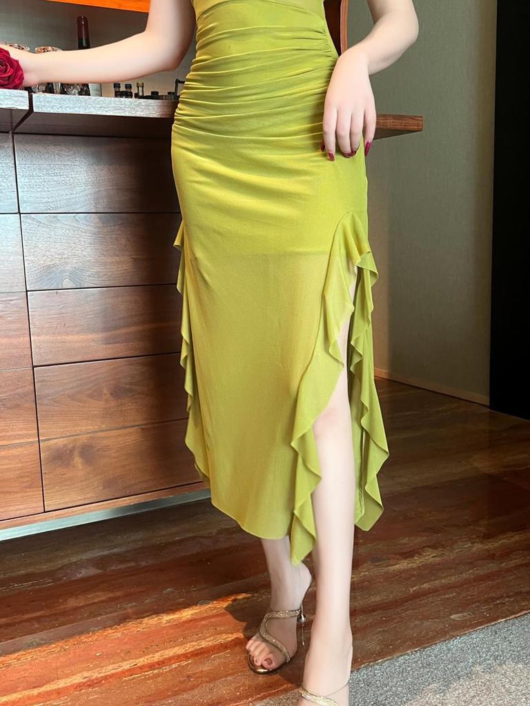 Sultry Mesh Low-Cut Slim-Fit Pleated Slit Dress