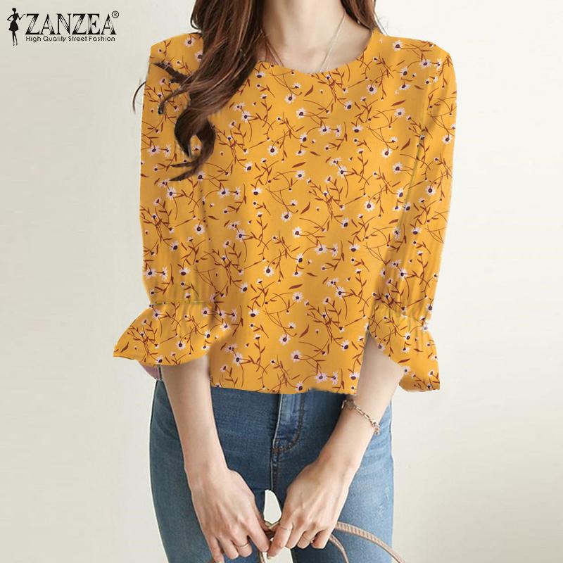 

ZANZEA Женская повседневная летняя блузка с круглым вырезом и рукавами 3/4 с принтом