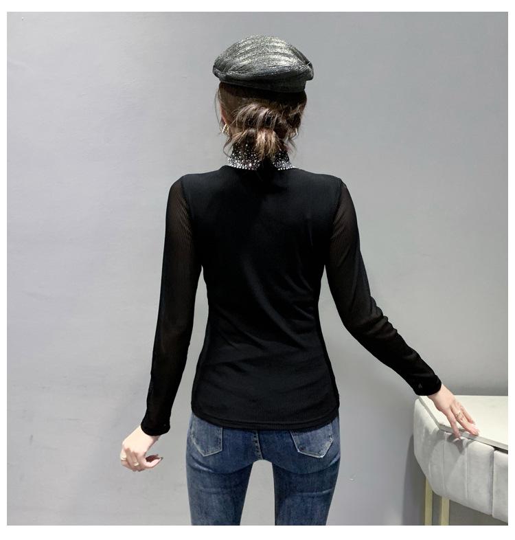 2024 European Autumn/Winter Rhinestone Cutout High Neck Slim Long Sleeve Shirt