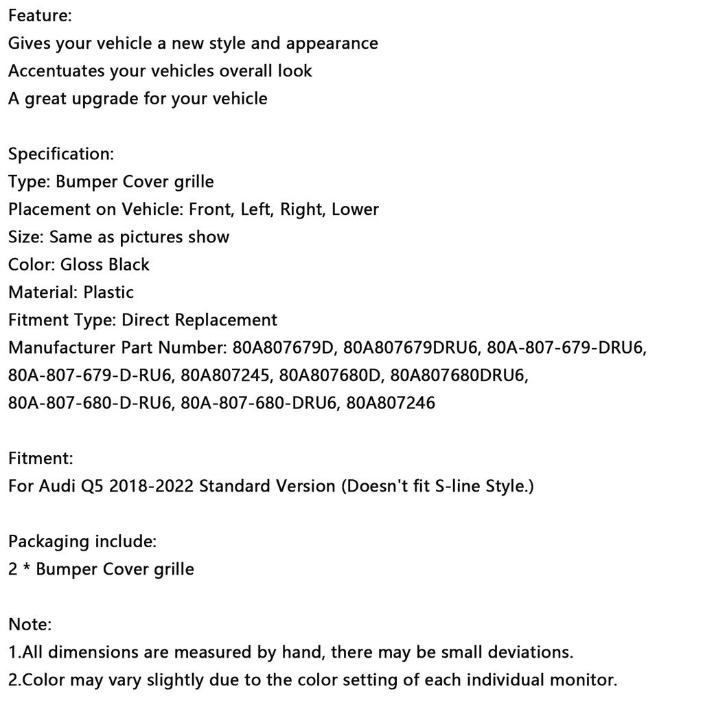 2PCS Front Bumper Cover Grill Grille Bezel Insert Fit Q5 2018-2022 Mesh