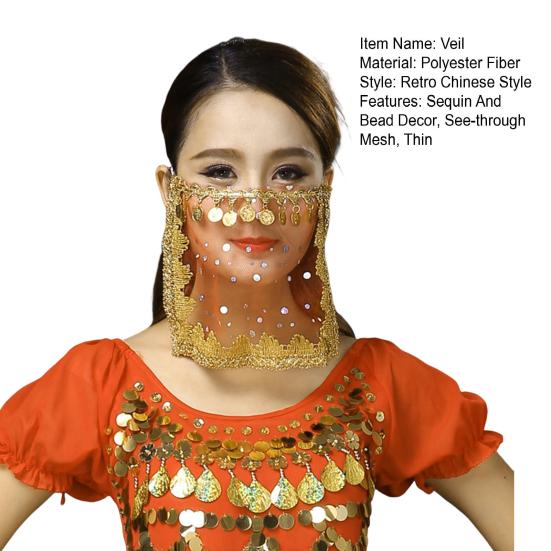 Yousheng Performance Veil See-through Mesh Sequin And Bead Decor Belly Dance Tribal Face Veil Retro Chinese Style Hanfu Prop Halloween Costume