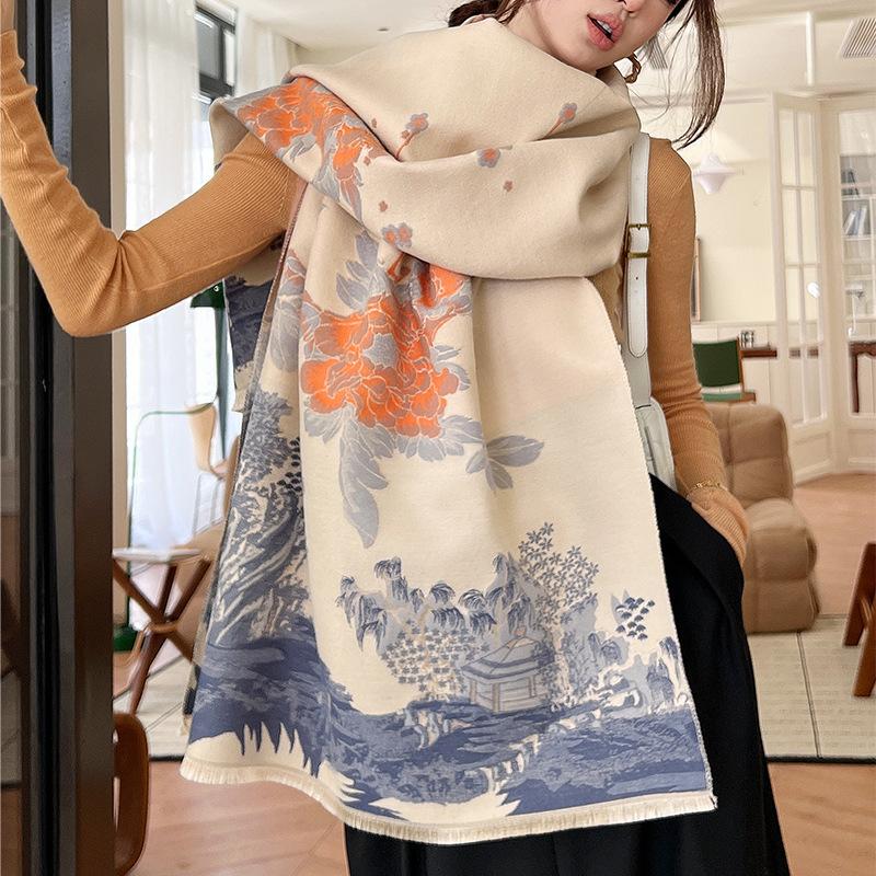 New Winter Imitation Cashmere Scarf for Women Literary  Light and Luxurious Style  Jiangnan Jacquard Scarf Plus Velvet Warm Shawl