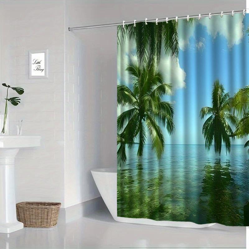 [Tropical Shower Curtain] Tropical Paradise Shower Curtain - Polyester, Machine Washable, Palm Tree And Lake Print, Ideal For Ba