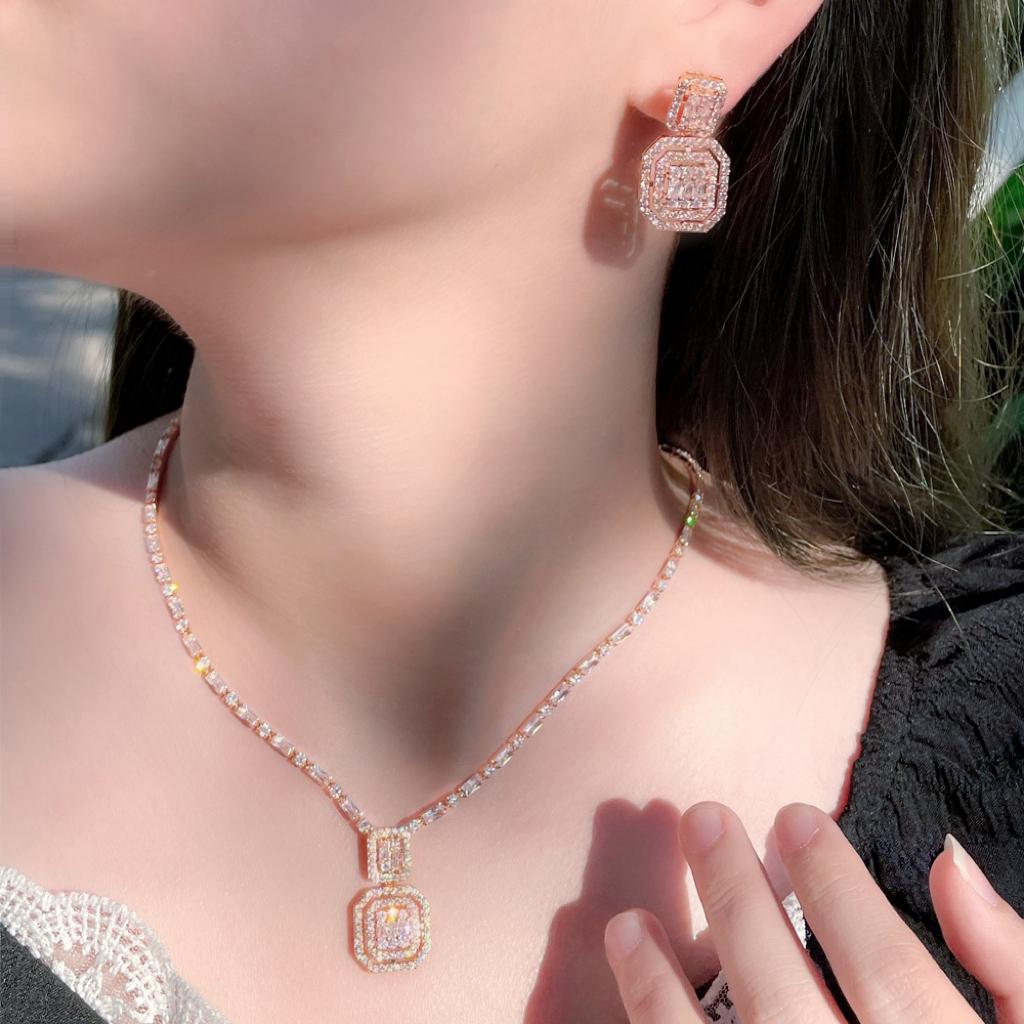 CMM Shiny Baguette Zirkonia Hochzeit Braut Party Halskette Ohrringe Mode Gold Farbe Schmuck Sets Zubehör