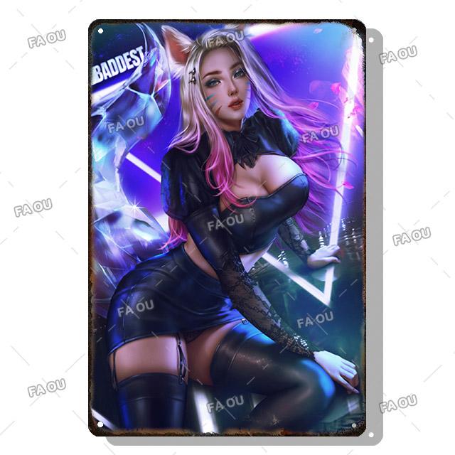 Sexy Anime Girl Metal Plate Game Figure Vintage Tin Sign Bar Club Art Decorative Plaques for Modern Home Room Wall Decor Poster