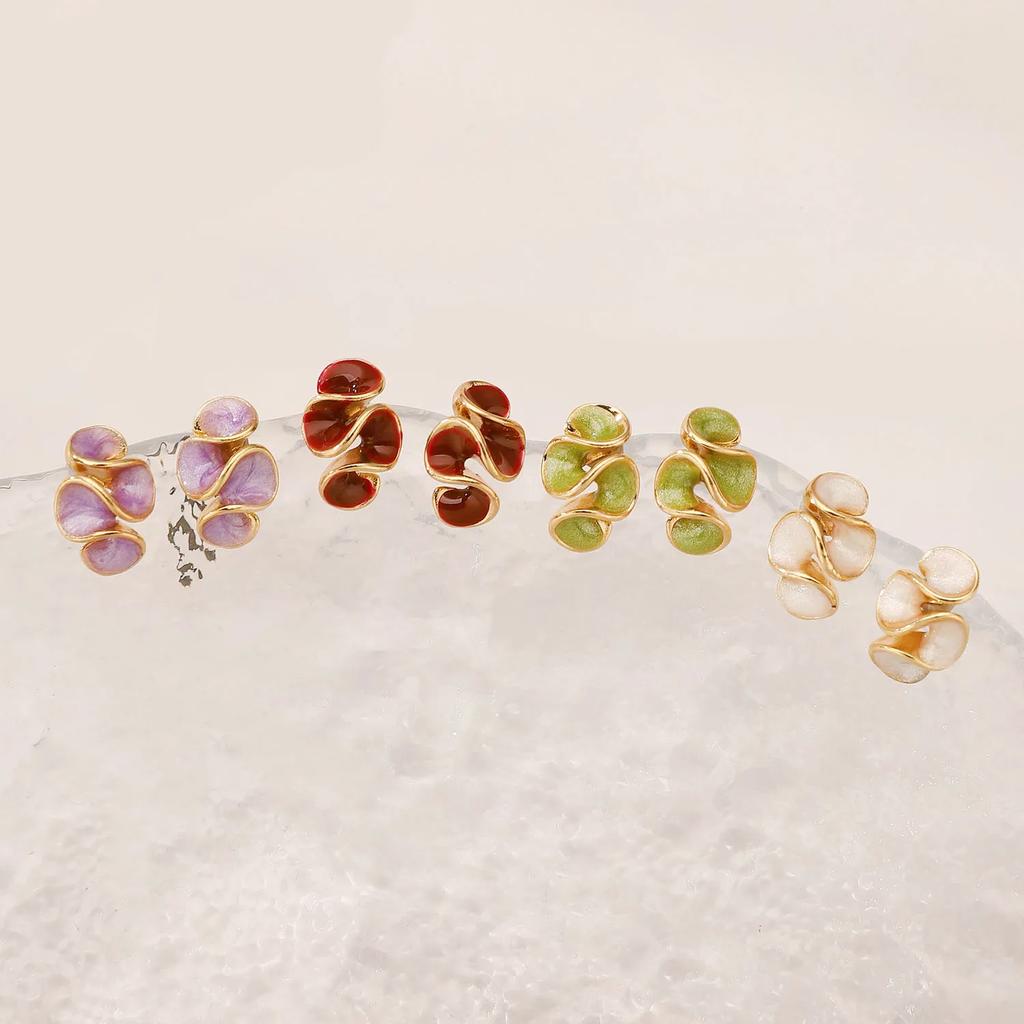 Unique Folding Ruffled Design Piercing Stud Earrings for Women 4 Colors Oil Dripping Sweet Style Enameled Earrings Y2K Zircon