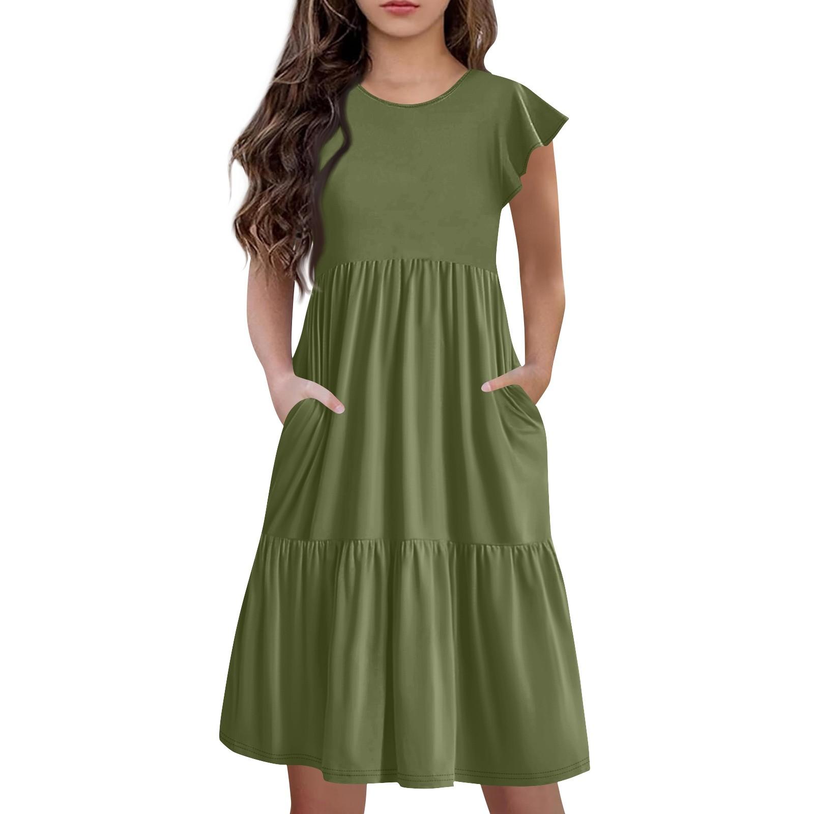 Children s Skirt Round Neck Pleated Flying Sleeve Short Sleeve Princess Skirt Fashion Casual Pocket Dress For Girls 120