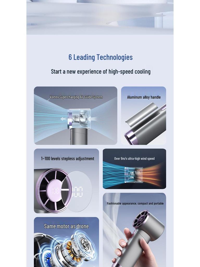 100-Speed USB Rechargeable Bladeless Handheld Fan with Stepless Control