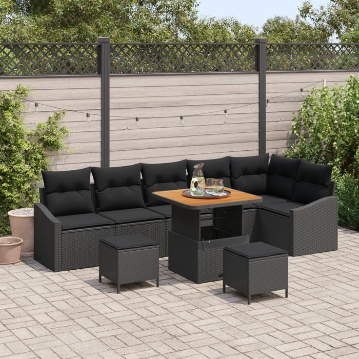 Ensemble de canapé de jardin de 9 pièces avec coussins en poly rotin noir acacia, Canapé de jardin de 2 places avec coussins 3362669