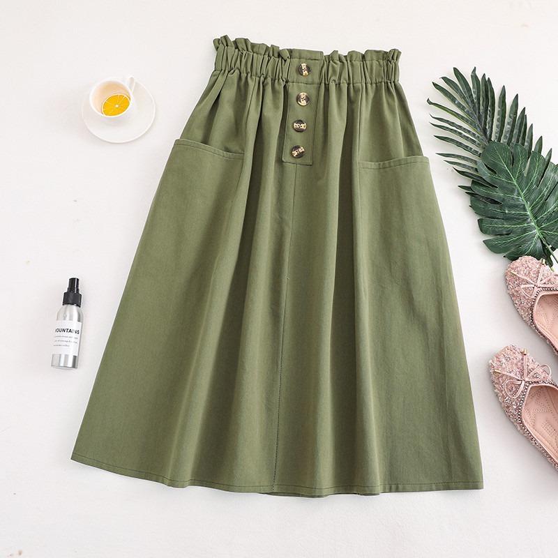 Summer High Waist Slimming Solid Color Pocket Skirt All-match Loose Waist Casual Mid-length Skirt for Women