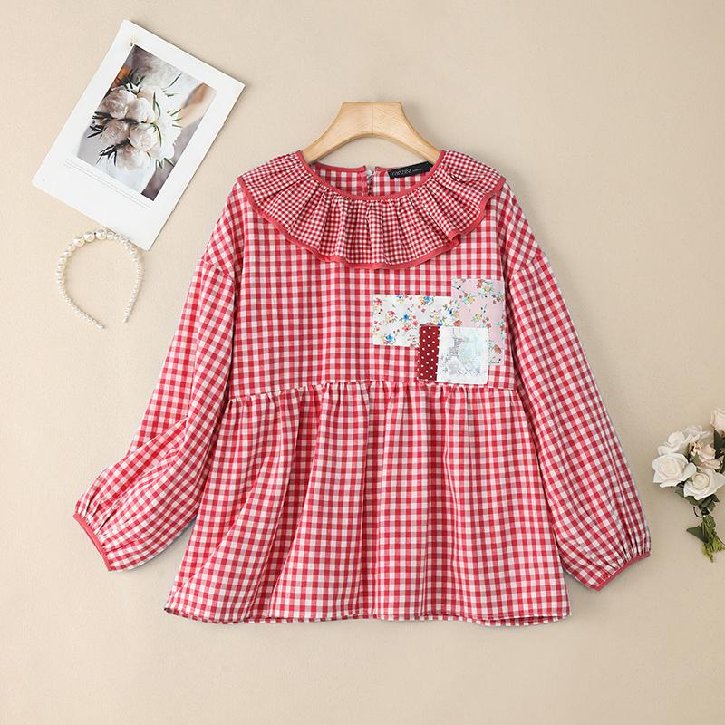 ZANZEA Women Casual Ruffles Splice Round Neck Loose Long Sleeve Plaid Print Blouse