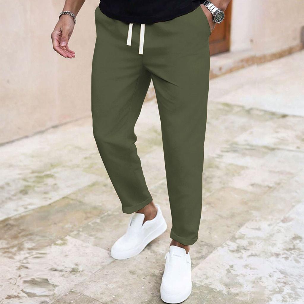 Pánské ležérní kalhoty s elastickým pasem se stahovací šňůrkou, prodyšné, jednobarevné