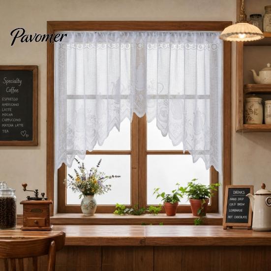 Retro Lace Curtain Half Curtain, Adjustable Lift Structure, Embroidery Floral Sheer Coffee Dustproof Window Screen Door