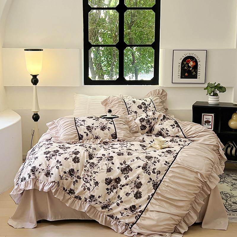 Vintage French Duvet Cover Set, Luxury Black Floral Bedding, Ruffle Design Pillowcases, Girl Woman Bedroom Decor Comforter Cover