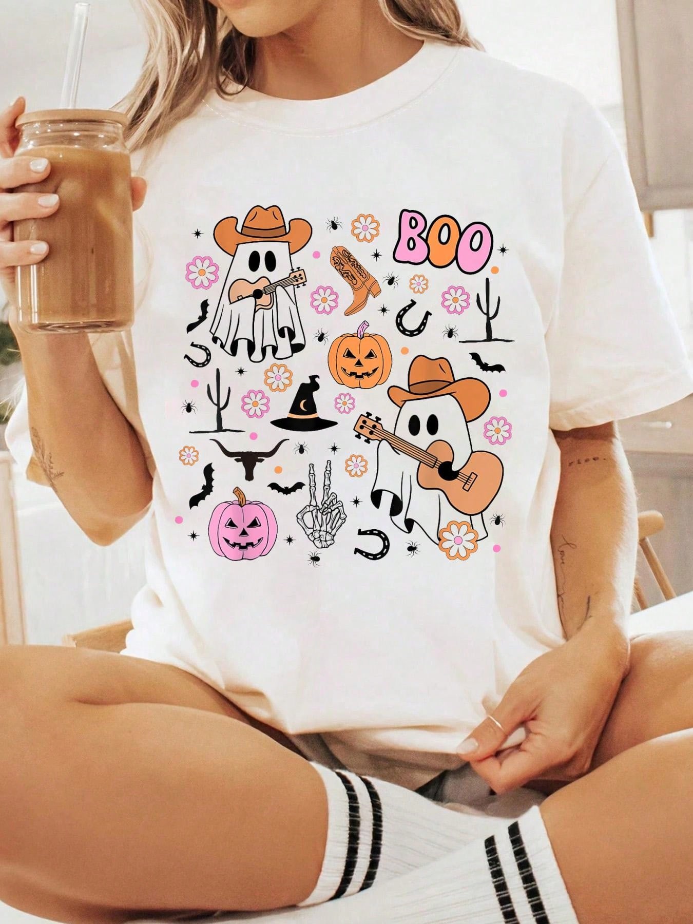 Cowboy Ghost Guitar Boo Pumpkin Halloween T-shirt S